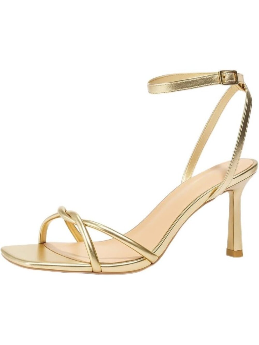 Women's Gold Elegant Square Open Toe Strappy Comfortable Kitten Heels Sandals